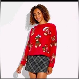 33 Degrees Women's Teddy Bear Print Festive Graphic Sweater - Red